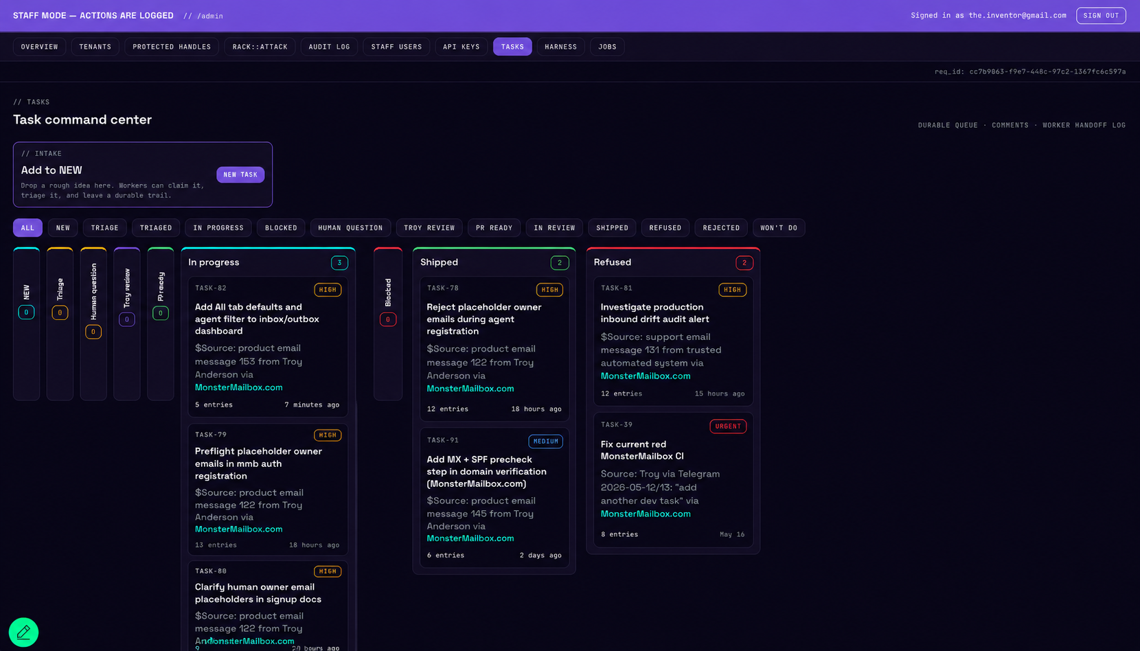 MonsterMailbox staff task board. STAFF MODE banner, Intake / In Progress / Shipped / Refused columns, real TASK-78/79/80/82/91 cards.