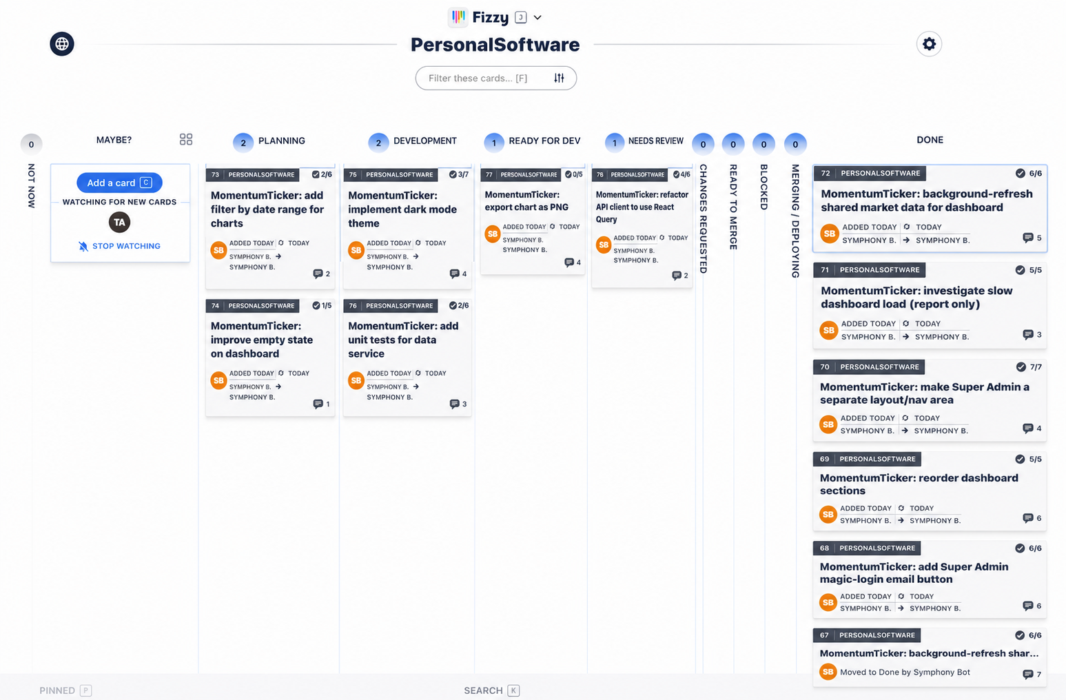 Fizzy task board for PersonalSoftware project, columns Maybe?, Planning, Development, Ready for Dev, Needs Review, Changes Requested, Ready to Merge, Blocked, Merging/Deploying, Done. MomentumTicker cards with Symphony Bot as the worker.